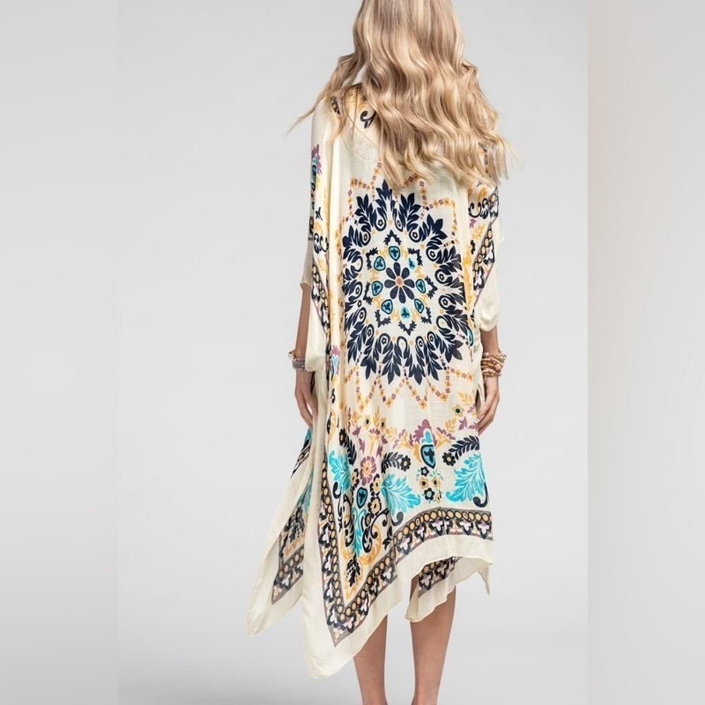 Festival Mandala and Floral Motif with Border Outline Kimono with Side Slits OS - Picture 5 of 5